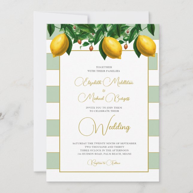 Lemon Botanical Sage Green White Stripe  Wedding  Invitation (Front)