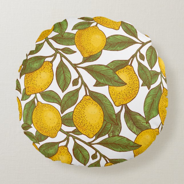 Lemon botanical seamless pattern round pillow (Front)