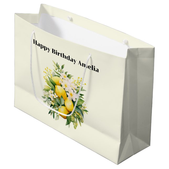 Lemon Bouquet with White Blossoms Birthday Large Gift Bag (Front Angled)