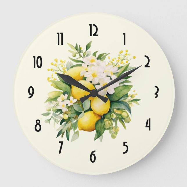 Lemon Bouquet with White Blossoms Large Clock (Front)