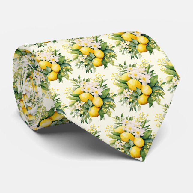 Lemon Bouquet with White Blossoms Pattern Tie (Rolled)