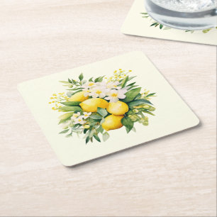 Lemon Bouquet with White Blossoms Square Paper Coaster