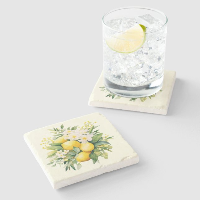 Lemon Bouquet with White Blossoms Stone Coaster (Side)
