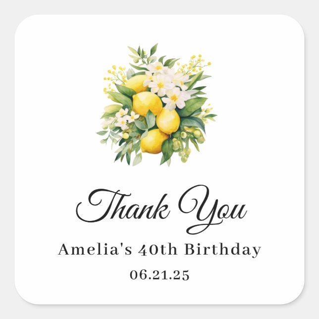 Lemon Bouquet with White Blossoms Thank You Square Sticker (Front)