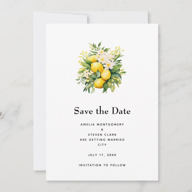 Lemon Bouquet with White Blossoms Wedding Save The Date (Front)