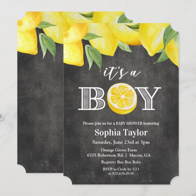 Lemon Boy Chalkboard Baby Shower Invitation (Front/Back)