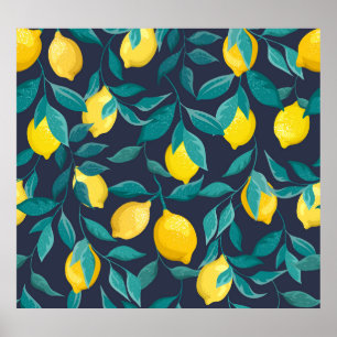 Lemon Branches: Blue Decorative Seamless Poster