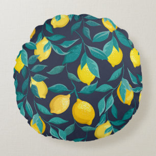 Lemon Branches: Blue Decorative Seamless Round Pillow
