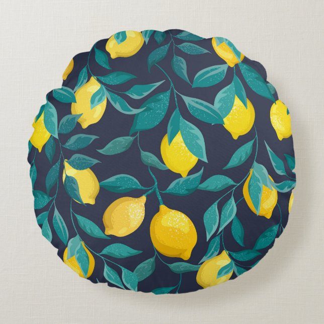 Lemon Branches: Blue Decorative Seamless Round Pillow (Front)