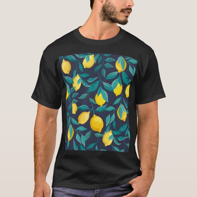 Lemon Branches: Blue Decorative Seamless T-Shirt (Front)