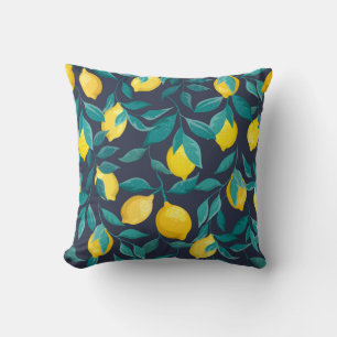 Lemon Branches: Blue Decorative Seamless Throw Pillow