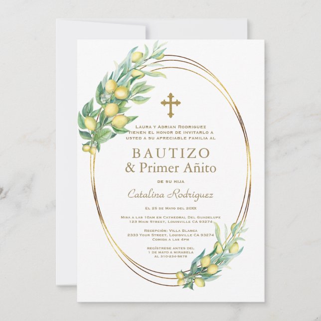 Lemon Branches Gold Spanish 1st Birthday Baptism Invitation (Front)