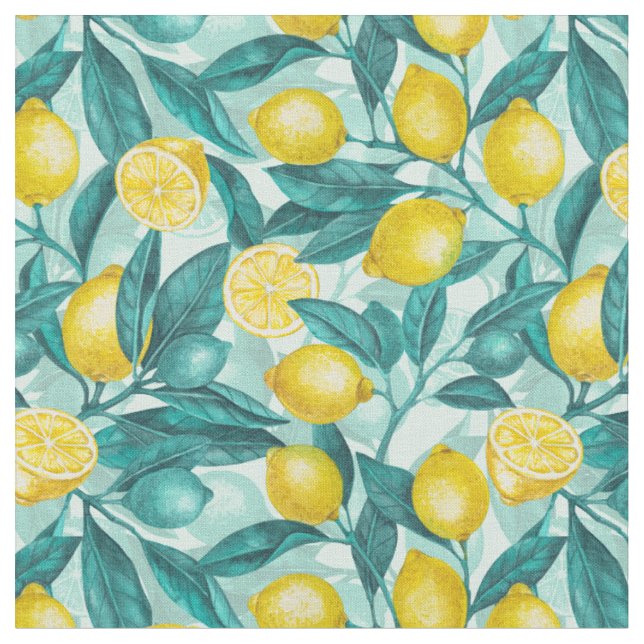 Lemon branches in blue and yellow fabric (Close Up)
