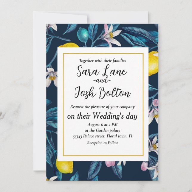 Lemon branches with blossoms and fruit invitation (Front)