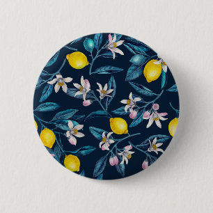 Lemon branches with blossoms and fruit on blue 2 inch round button
