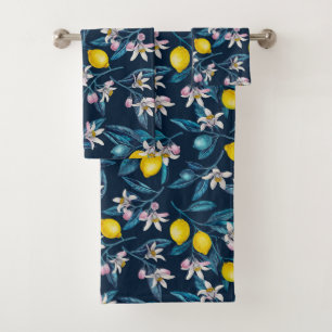 Lemon branches with blossoms and fruit on blue bath towel set