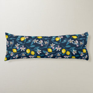 Lemon branches with blossoms and fruit on blue body pillow
