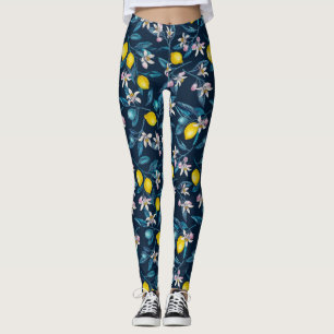 Lemon branches with blossoms and fruit on blue leggings