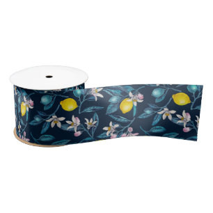 Lemon branches with blossoms and fruit on blue satin ribbon