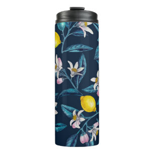 Lemon branches with blossoms and fruit on blue thermal tumbler
