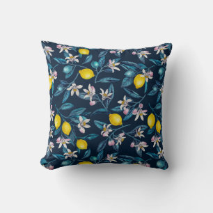 Lemon branches with blossoms and fruit on blue throw pillow