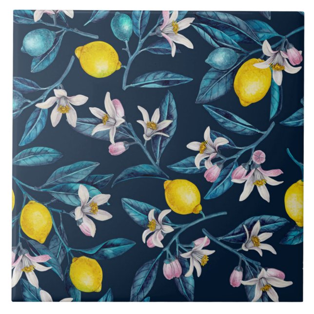 Lemon branches with blossoms and fruit on blue tile (Front)