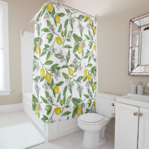 Lemon branches with blossoms and fruit on white