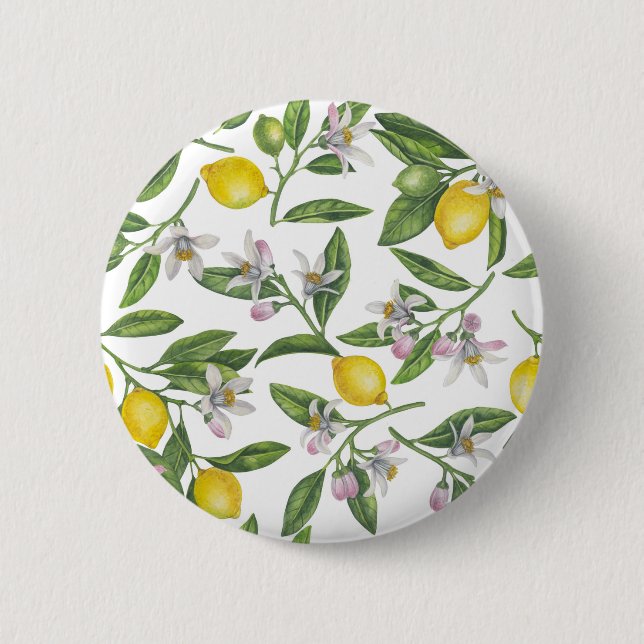 Lemon branches with blossoms and fruit on white 2 inch round button (Front)