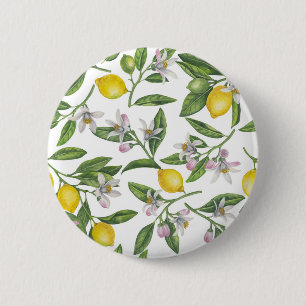 Lemon branches with blossoms and fruit on white 2 inch round button