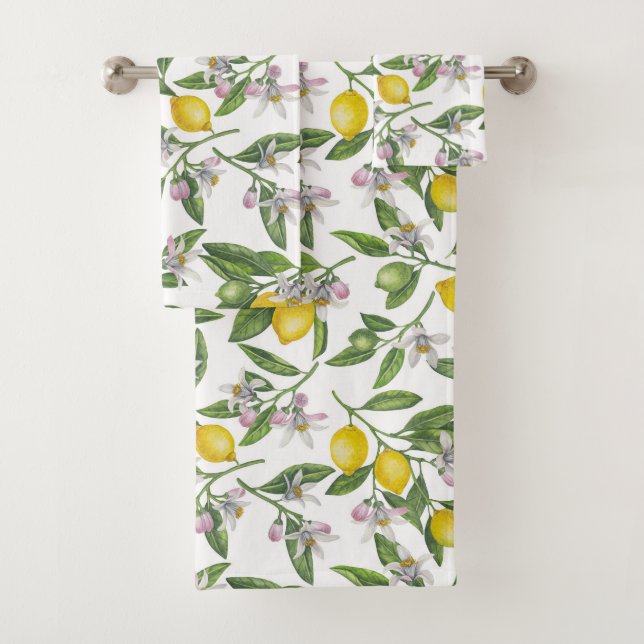 Lemon branches with blossoms and fruit on white bath towel set (Insitu)