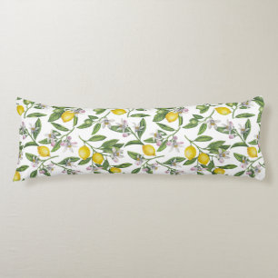 Lemon branches with blossoms and fruit on white body pillow