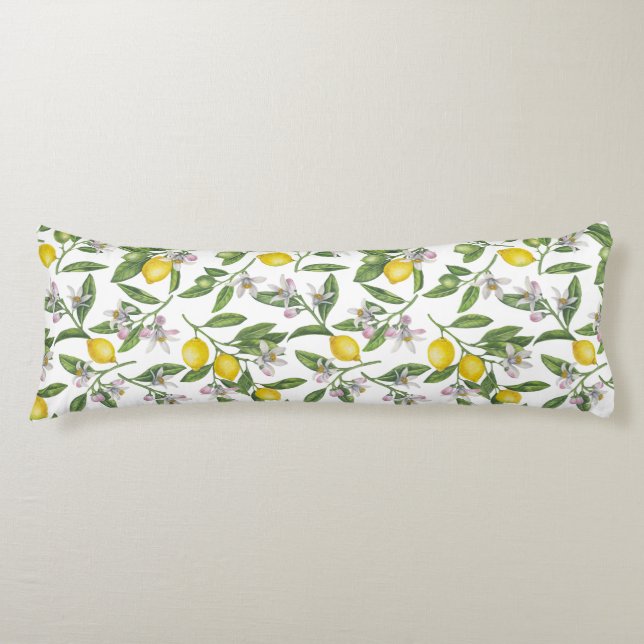 Lemon branches with blossoms and fruit on white body pillow (Front)