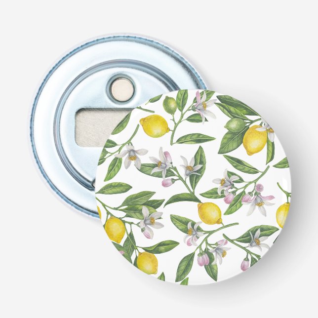 Lemon branches with blossoms and fruit on white bottle opener (Front)