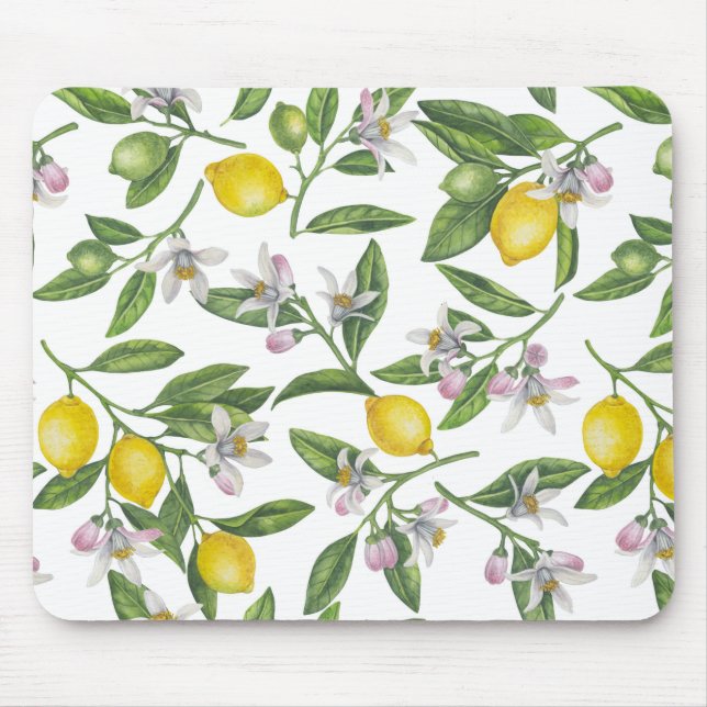 Lemon branches with blossoms and fruit on white mouse pad (Front)