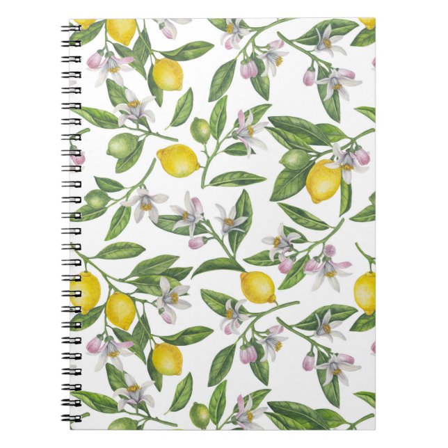 Lemon branches with blossoms and fruit on white no notebook (Front)