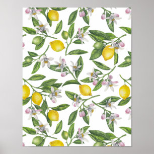 Lemon branches with blossoms and fruit on white poster