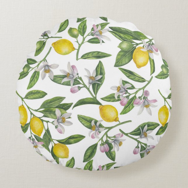 Lemon branches with blossoms and fruit on white round pillow (Front)