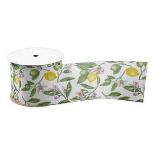 Lemon branches with blossoms and fruit on white satin ribbon
