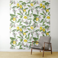 Lemon branches with blossoms and fruit on white