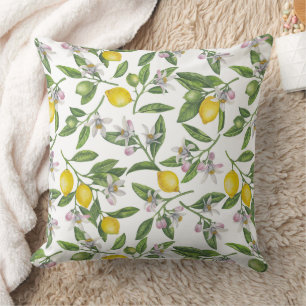 Lemon branches with blossoms and fruit on white throw pillow