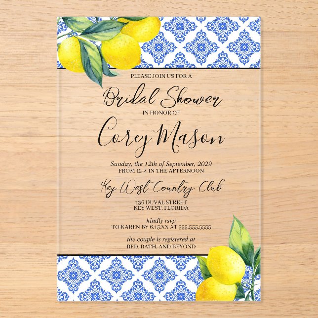 Lemon Bridal Shower Acrylic Invitations (Front)