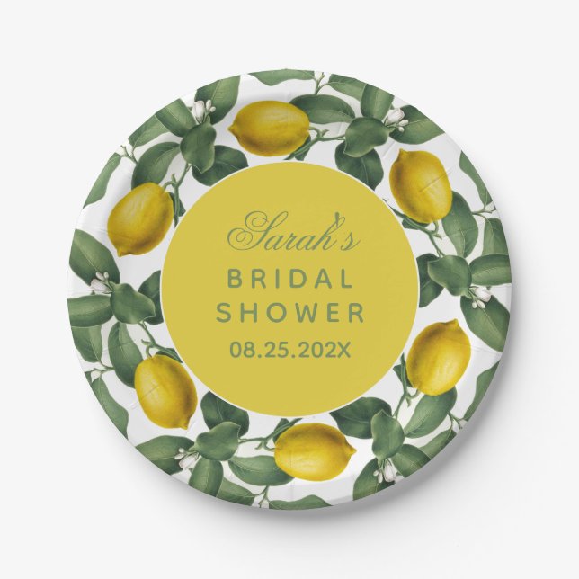 Lemon Bridal Shower Botanical Fruit Elegant Script Paper Plate (Front)