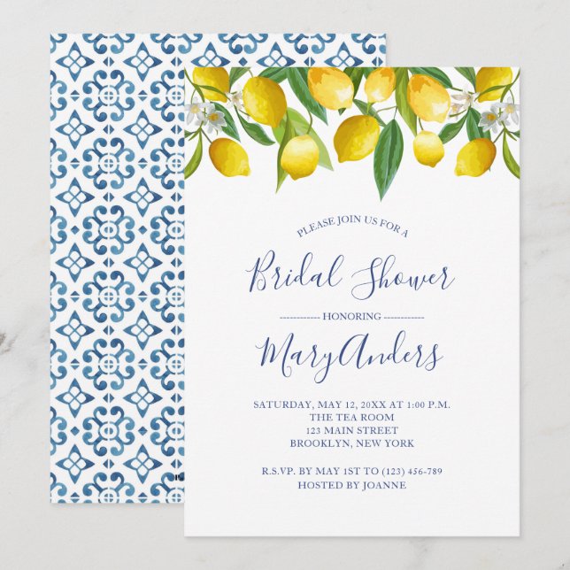Lemon Bridal Shower Invitation, Blue Tile Italian  Invitation (Front/Back)