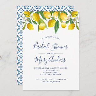 Lemon Bridal Shower Invitation, Blue Tile Italian Invitation