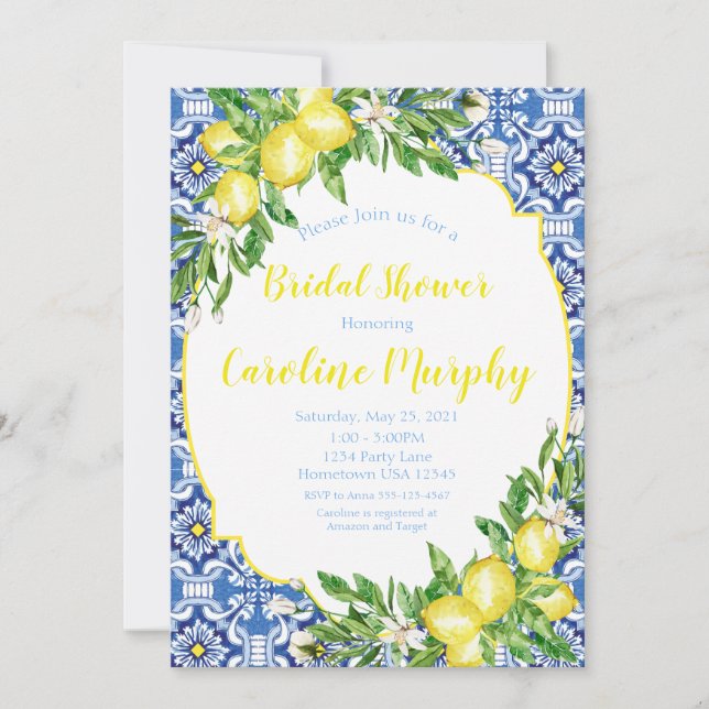 Lemon Bridal Shower Invitation, Blue Tile Italian Invitation (Front)