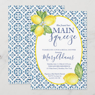 Lemon Bridal Shower Invitation, Blue Tile Italian  Invitation
