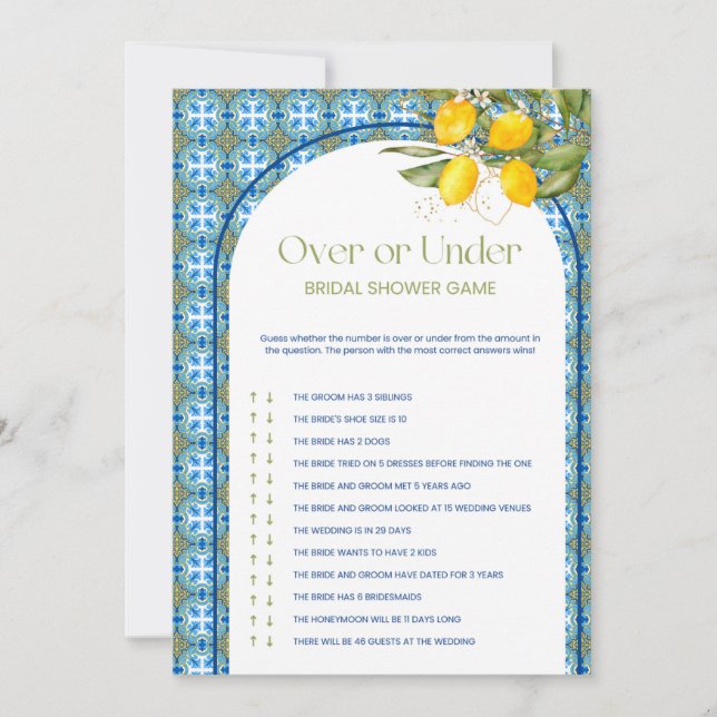 Lemon Bridal Shower Over Or Under Game Card (Front)