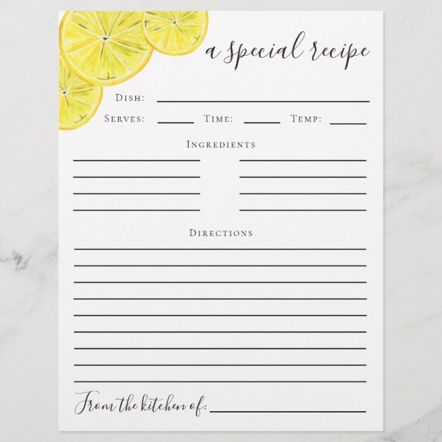 Lemon Bridal Shower Recipe Card (Front)