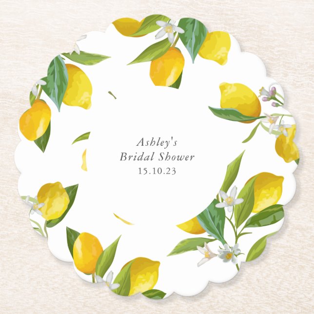 Lemon bridal shower scallop paper coaster (Front)