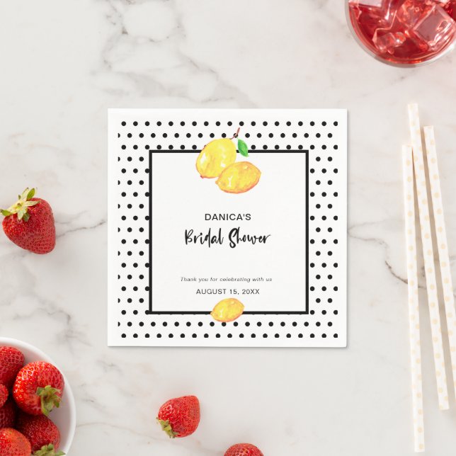 Lemon Bridal Shower Yellow Black Polka Dots cute Napkin (Insitu)